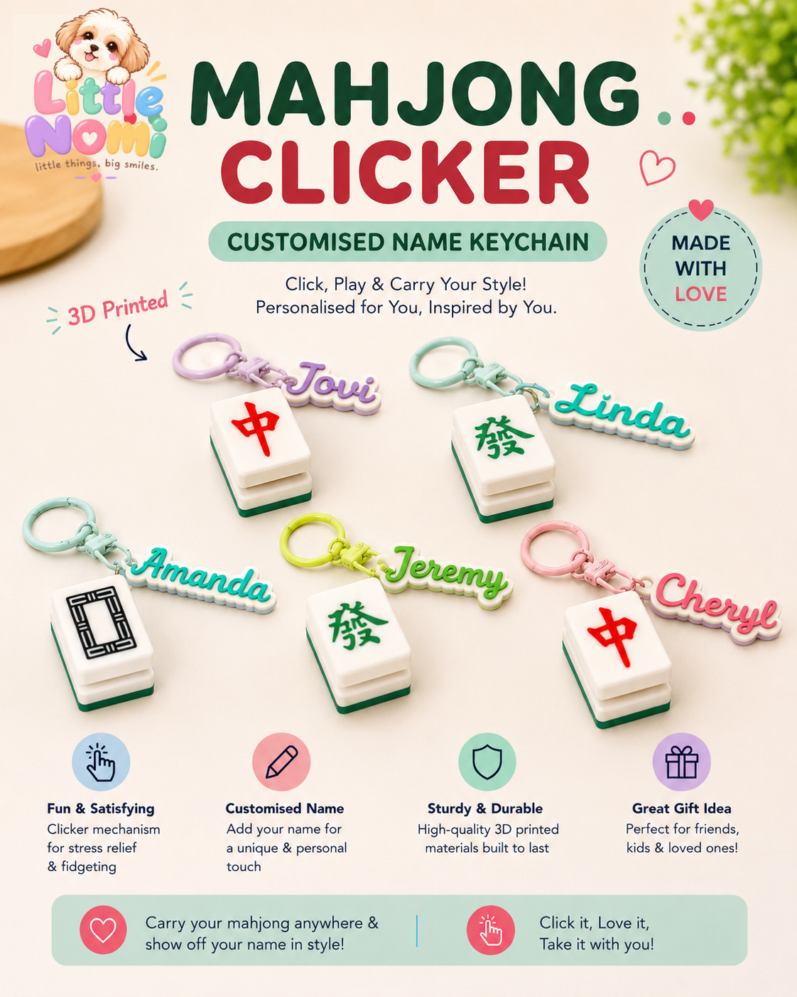Mahjong Clicker with Name Keychain